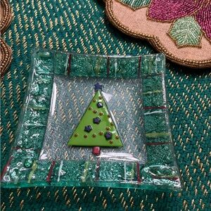 One vintage Gorham fused glass Christmas tree candy/trinket dish
